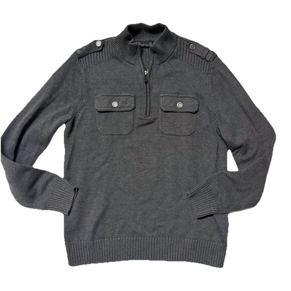 Apt. 9 Quarter Zip High Neck Sweater Flap Pockets Men's Size M Knit Gray Preppy - Picture 1 of 8